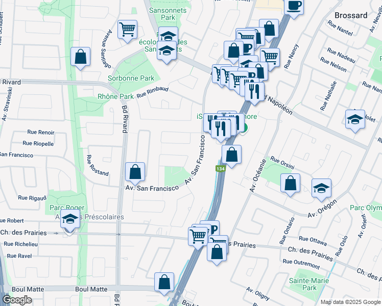 map of restaurants, bars, coffee shops, grocery stores, and more near in Brossard