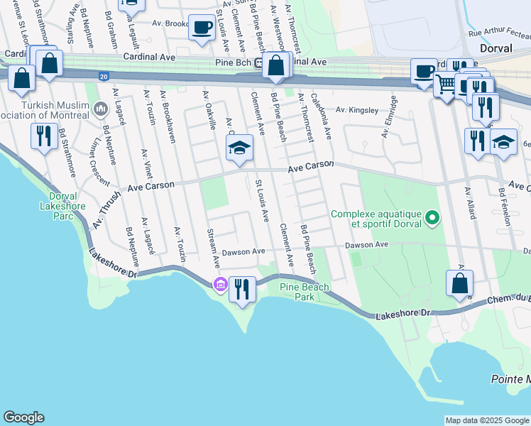 map of restaurants, bars, coffee shops, grocery stores, and more near 255 Avenue Saint Louis in Dorval