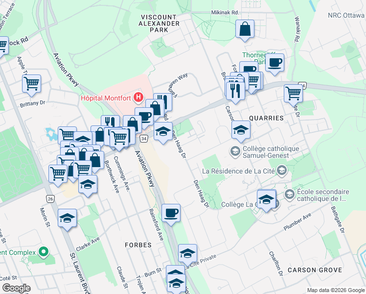 map of restaurants, bars, coffee shops, grocery stores, and more near 498 LeBoutillier Avenue in Ottawa