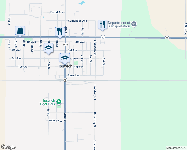 map of restaurants, bars, coffee shops, grocery stores, and more near 13 1st Street in Ipswich