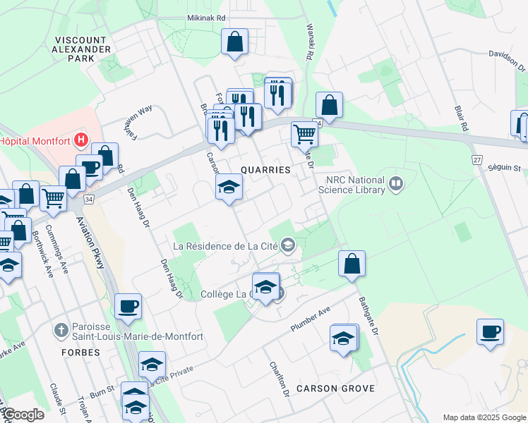 map of restaurants, bars, coffee shops, grocery stores, and more near 701 Roanoke Street in Ottawa