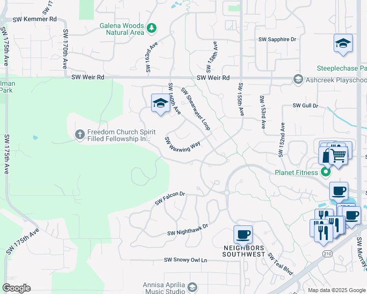 map of restaurants, bars, coffee shops, grocery stores, and more near 10555 Southwest 161st Court in Beaverton