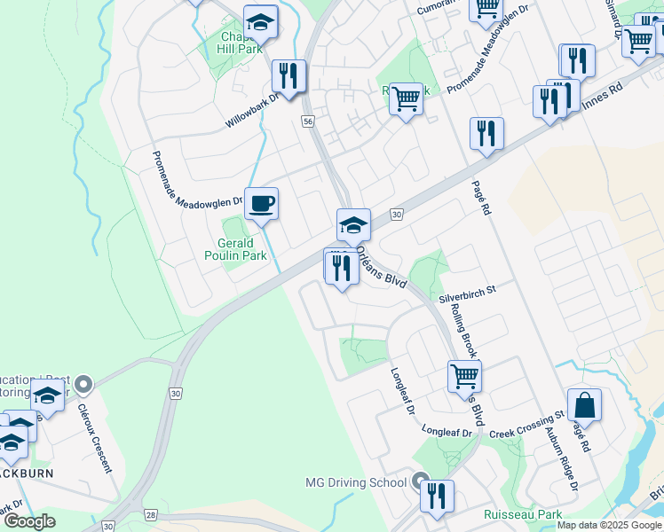 map of restaurants, bars, coffee shops, grocery stores, and more near 5993 Pineglade Crescent in Ottawa