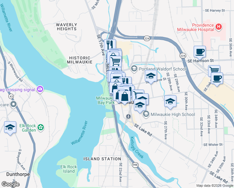 map of restaurants, bars, coffee shops, grocery stores, and more near 1991 Southeast Monroe Street in Milwaukie