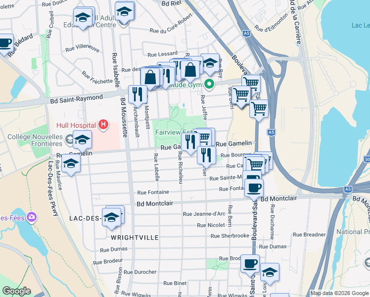 map of restaurants, bars, coffee shops, grocery stores, and more near 135 Rue Gamelin in Gatineau