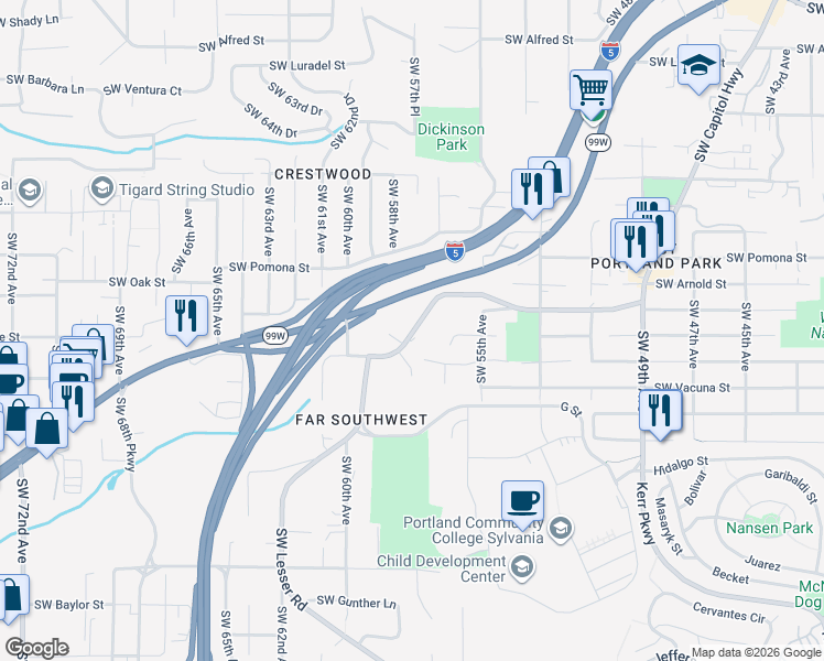 map of restaurants, bars, coffee shops, grocery stores, and more near 11240 Pacific Highway West in Portland