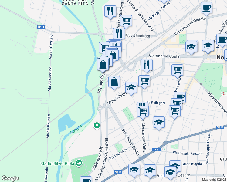 map of restaurants, bars, coffee shops, grocery stores, and more near 44 Via Agogna in Novara
