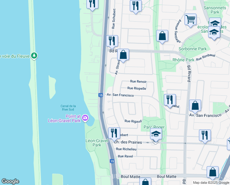 map of restaurants, bars, coffee shops, grocery stores, and more near 13188 Avenue San Francisco in Brossard