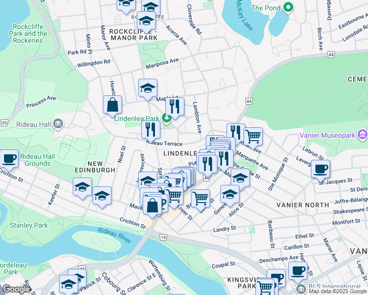 map of restaurants, bars, coffee shops, grocery stores, and more near 200 Rideau Terrace in Ottawa