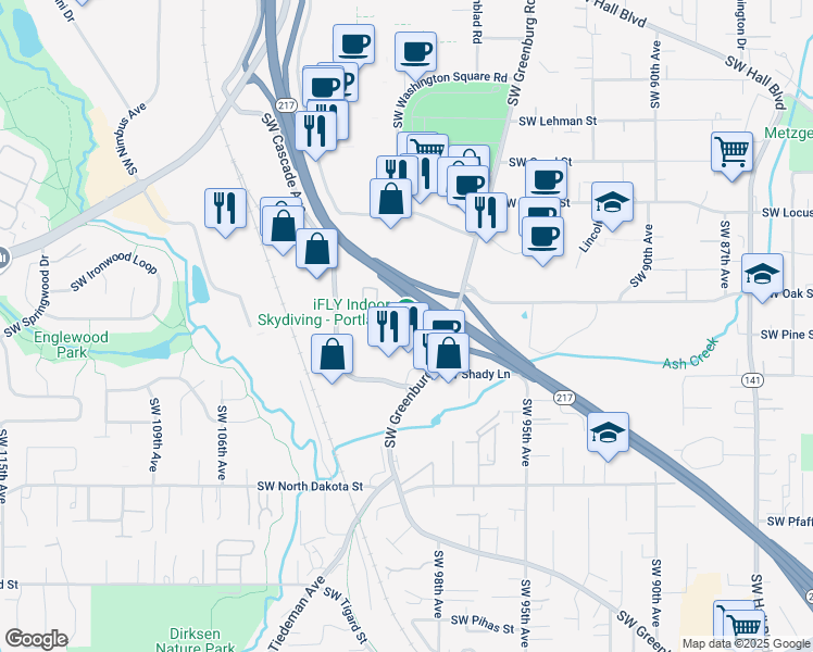 map of restaurants, bars, coffee shops, grocery stores, and more near 10645 Southwest Greenburg Road in Tigard