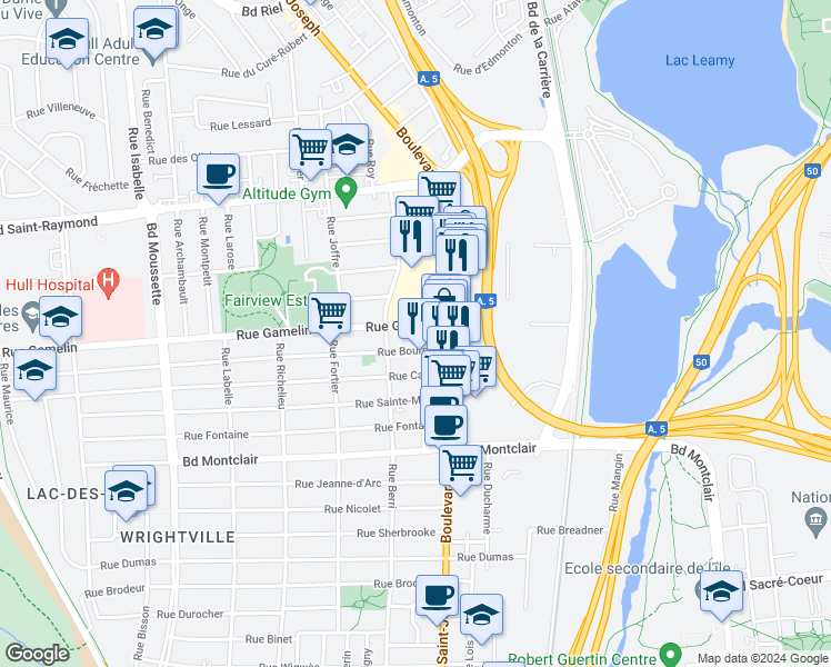 map of restaurants, bars, coffee shops, grocery stores, and more near 15 Rue Gamelin in Gatineau