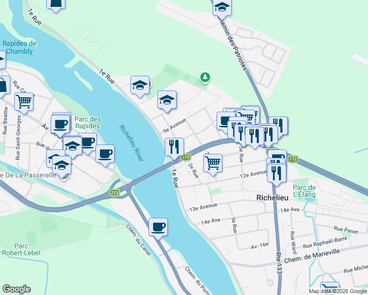 map of restaurants, bars, coffee shops, grocery stores, and more near 1022 2e Rue in Richelieu