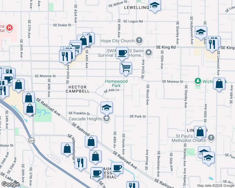 map of restaurants, bars, coffee shops, grocery stores, and more near 4755 Southeast Washington Place in Milwaukie