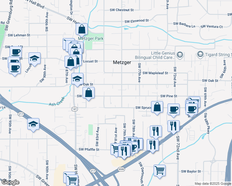map of restaurants, bars, coffee shops, grocery stores, and more near 8112 Southwest Oak Street in Tigard