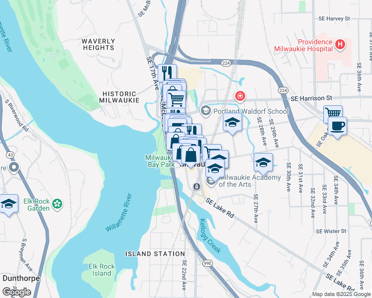 map of restaurants, bars, coffee shops, grocery stores, and more near 1991 Southeast Monroe Street in Milwaukie