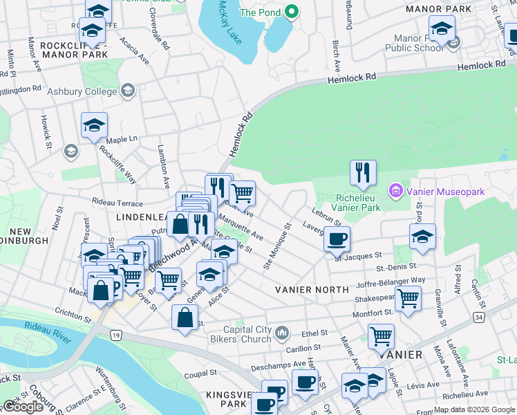 map of restaurants, bars, coffee shops, grocery stores, and more near in Ottawa