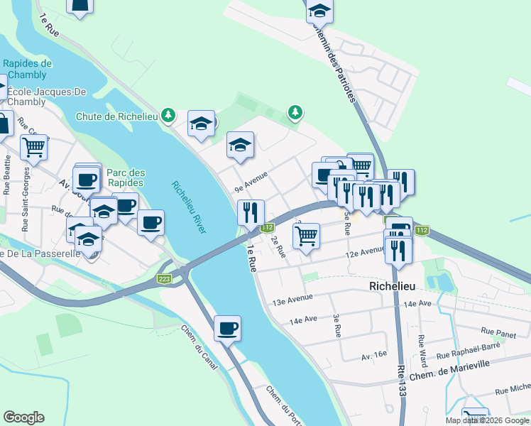 map of restaurants, bars, coffee shops, grocery stores, and more near 1022 2e Rue in Richelieu