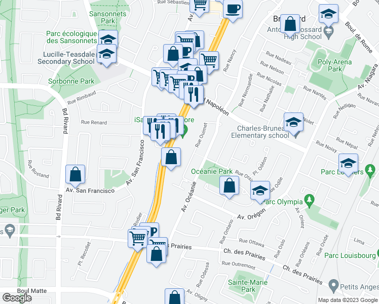 map of restaurants, bars, coffee shops, grocery stores, and more near 8374 Rue Ouimet in Brossard
