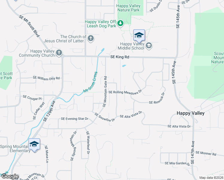map of restaurants, bars, coffee shops, grocery stores, and more near 13601 Southeast Rolling Meadows Drive in Happy Valley