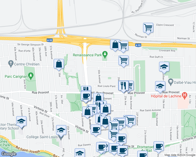 map of restaurants, bars, coffee shops, grocery stores, and more near 753 30e Avenue in Montréal