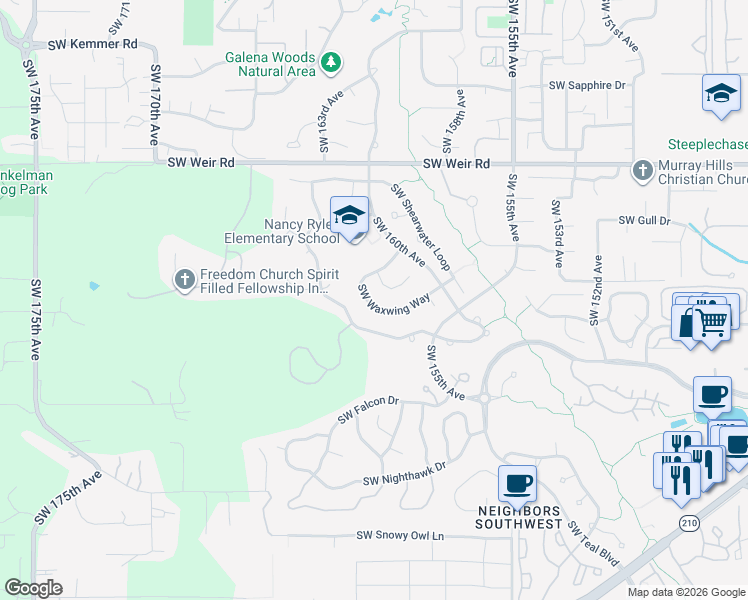 map of restaurants, bars, coffee shops, grocery stores, and more near 16028 Southwest Waxwing Way in Beaverton