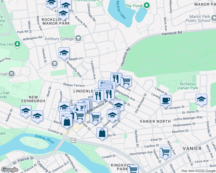 map of restaurants, bars, coffee shops, grocery stores, and more near 104 Black Maple Private in Ottawa