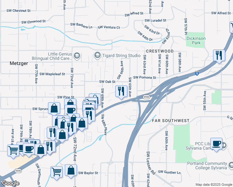 map of restaurants, bars, coffee shops, grocery stores, and more near 6710 Southwest Pine Street in Tigard