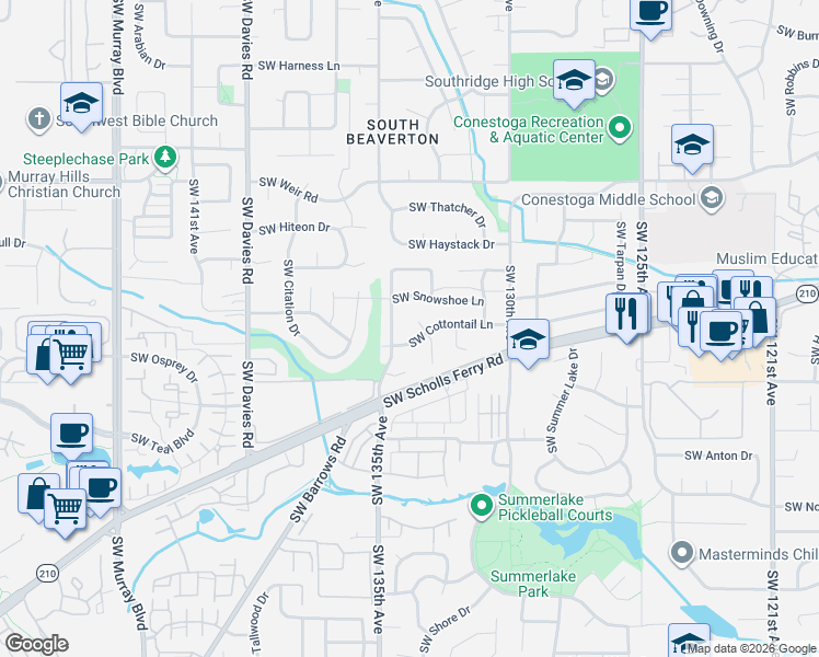 map of restaurants, bars, coffee shops, grocery stores, and more near 10555 Southwest 133rd Place in Beaverton