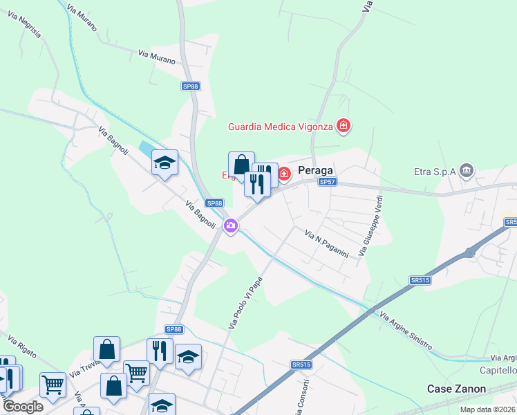 map of restaurants, bars, coffee shops, grocery stores, and more near 34 Via Bonaventura da Peraga in Peraga