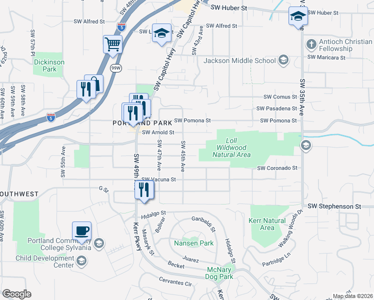 map of restaurants, bars, coffee shops, grocery stores, and more near 11322 Southwest 45th Avenue in Portland