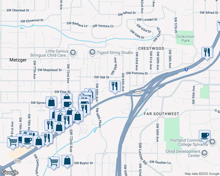 map of restaurants, bars, coffee shops, grocery stores, and more near 6710 Southwest Pine Street in Tigard