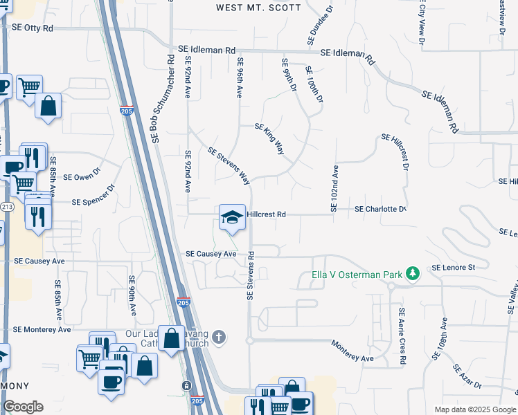 map of restaurants, bars, coffee shops, grocery stores, and more near 10900 Southeast Stevens Way in Happy Valley