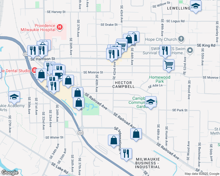 map of restaurants, bars, coffee shops, grocery stores, and more near 4115 Southeast Washington Street in Milwaukie