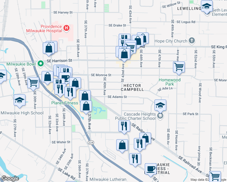 map of restaurants, bars, coffee shops, grocery stores, and more near 4115 Southeast Washington Street in Milwaukie