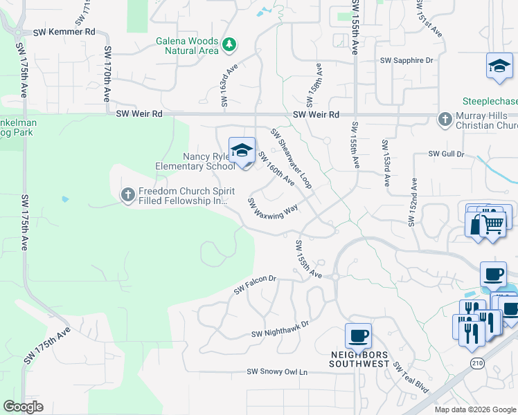 map of restaurants, bars, coffee shops, grocery stores, and more near 16028 Southwest Waxwing Way in Beaverton