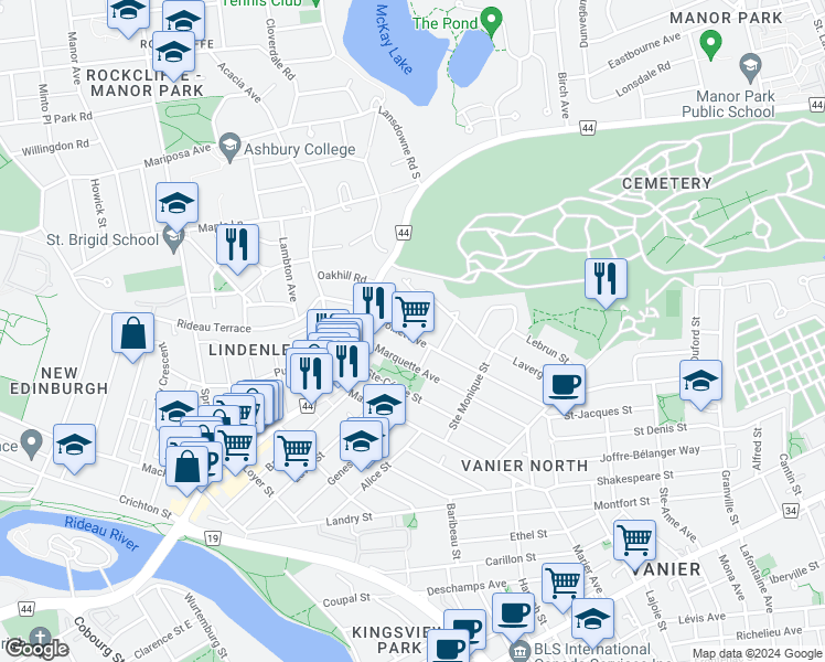 map of restaurants, bars, coffee shops, grocery stores, and more near 248 Garneau Street in Ottawa