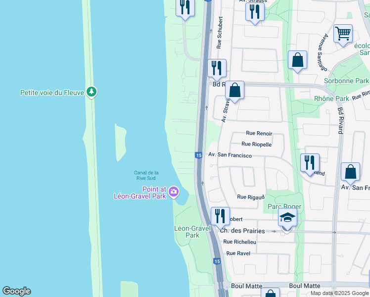 map of restaurants, bars, coffee shops, grocery stores, and more near 8828 Rue Rhoda in Brossard