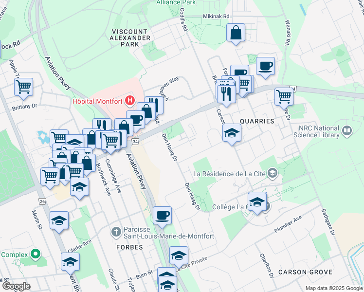 map of restaurants, bars, coffee shops, grocery stores, and more near 452 LeBoutillier Avenue in Ottawa