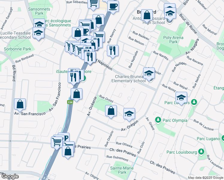 map of restaurants, bars, coffee shops, grocery stores, and more near 8475 Rue Outaouais in Brossard