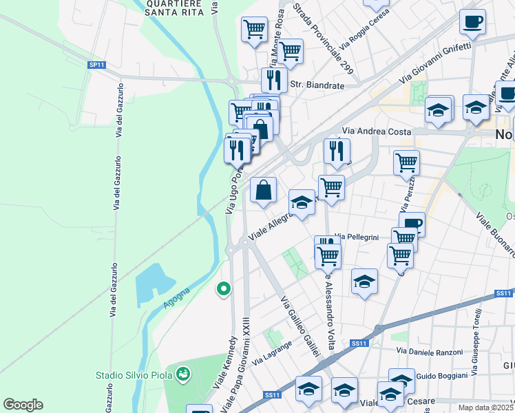 map of restaurants, bars, coffee shops, grocery stores, and more near 44 Via Agogna in Novara