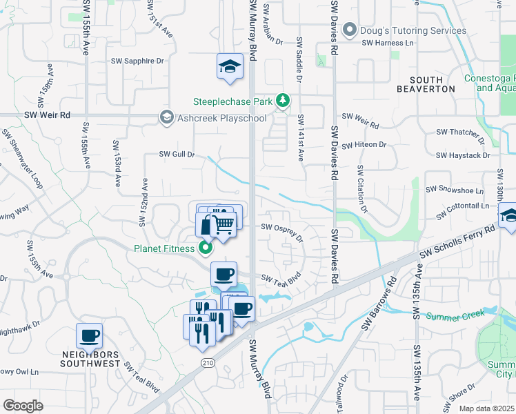 map of restaurants, bars, coffee shops, grocery stores, and more near 10465 Southwest Cougar Lane in Beaverton