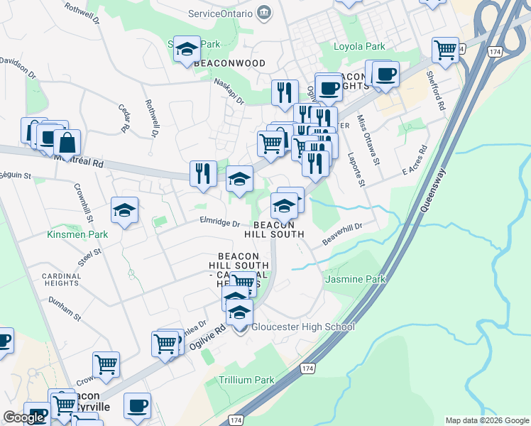 map of restaurants, bars, coffee shops, grocery stores, and more near 1457 Bethamy Lane in Ottawa
