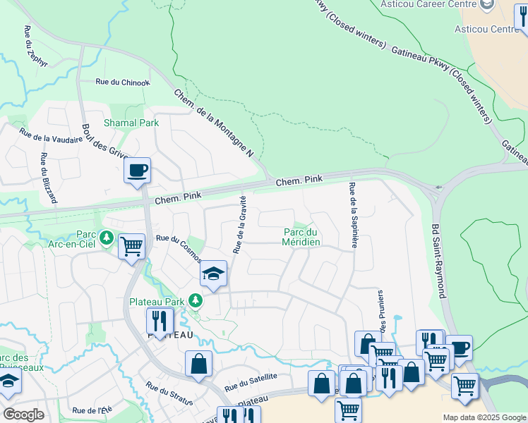 map of restaurants, bars, coffee shops, grocery stores, and more near 118 Rue du Méridien in Gatineau