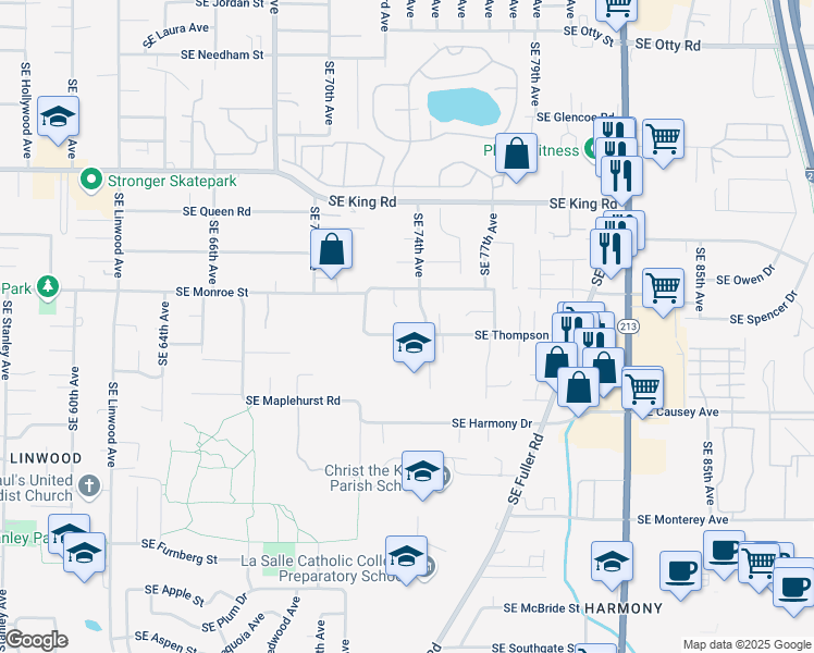 map of restaurants, bars, coffee shops, grocery stores, and more near 10884 Southeast 73rd Court in Milwaukie