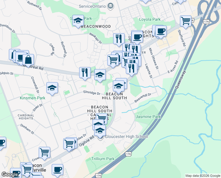 map of restaurants, bars, coffee shops, grocery stores, and more near 1469 Bethamy Lane in Ottawa