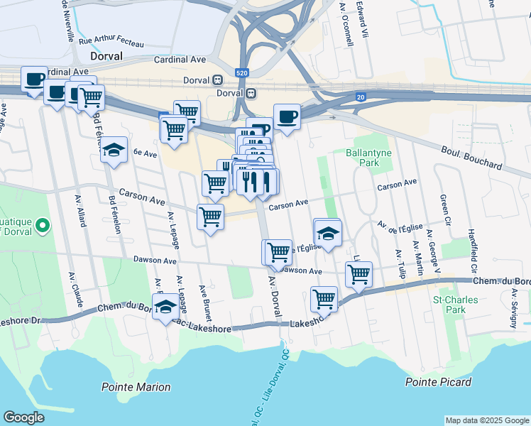 map of restaurants, bars, coffee shops, grocery stores, and more near in Dorval