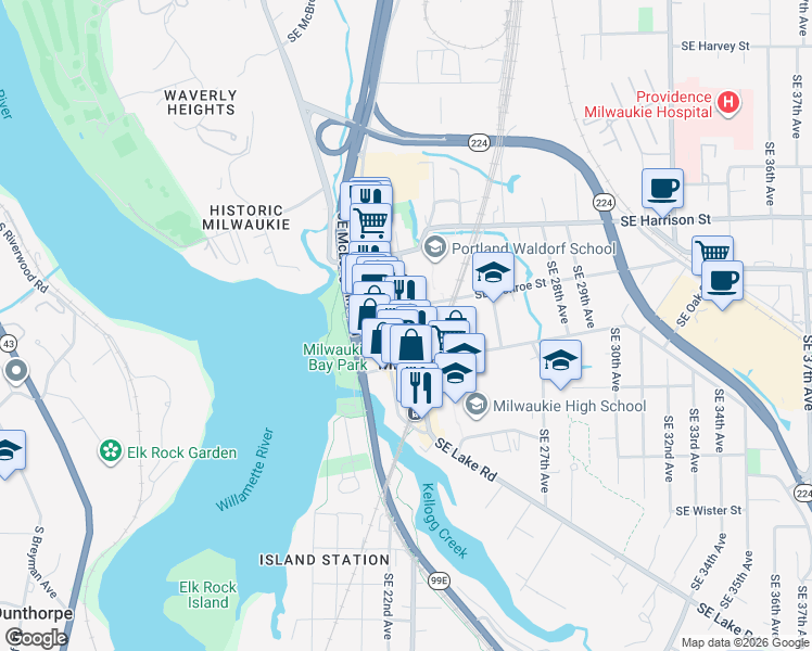 map of restaurants, bars, coffee shops, grocery stores, and more near 10900 SE 21st Ave in Milwaukie