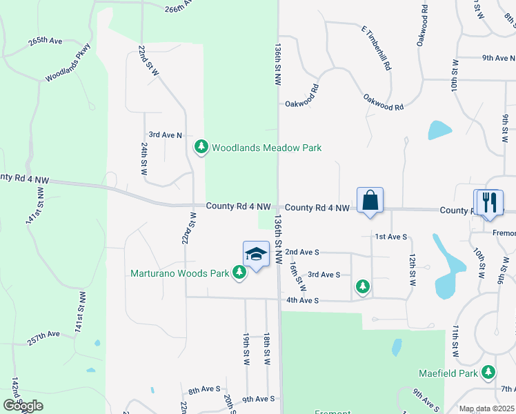 map of restaurants, bars, coffee shops, grocery stores, and more near 13605 261st Avenue Northwest in Zimmerman