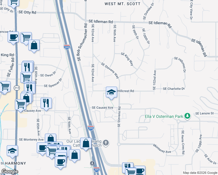 map of restaurants, bars, coffee shops, grocery stores, and more near 9479 Southeast Hillcrest Road in Happy Valley