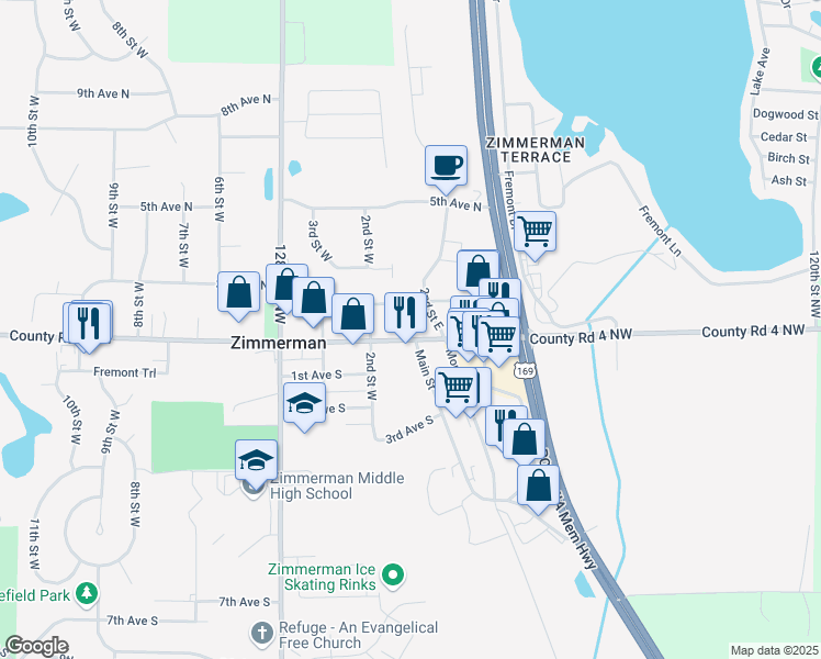 map of restaurants, bars, coffee shops, grocery stores, and more near 26125 Main Street in Zimmerman